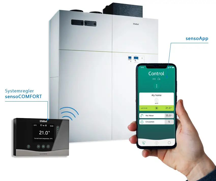 Vaillant Heizungswärmepumpe mit Steuerung über sensocomfort und sensoApp, zeigt Temperatur- und Betriebsinformationen auf einem Smartphone und einem Wandregler.