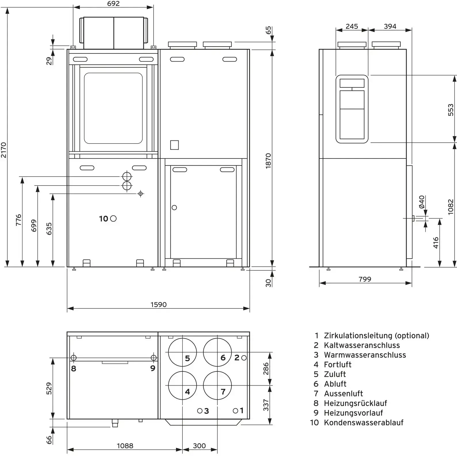 Vaillant Heizungswärmepumpe mit Luft/Wasser-Anschluss, aufgezeichnet in technischer Zeichnung, zeigt Maße, Anschlüsse und Dimensionen des Geräts im Seitenschnitt.