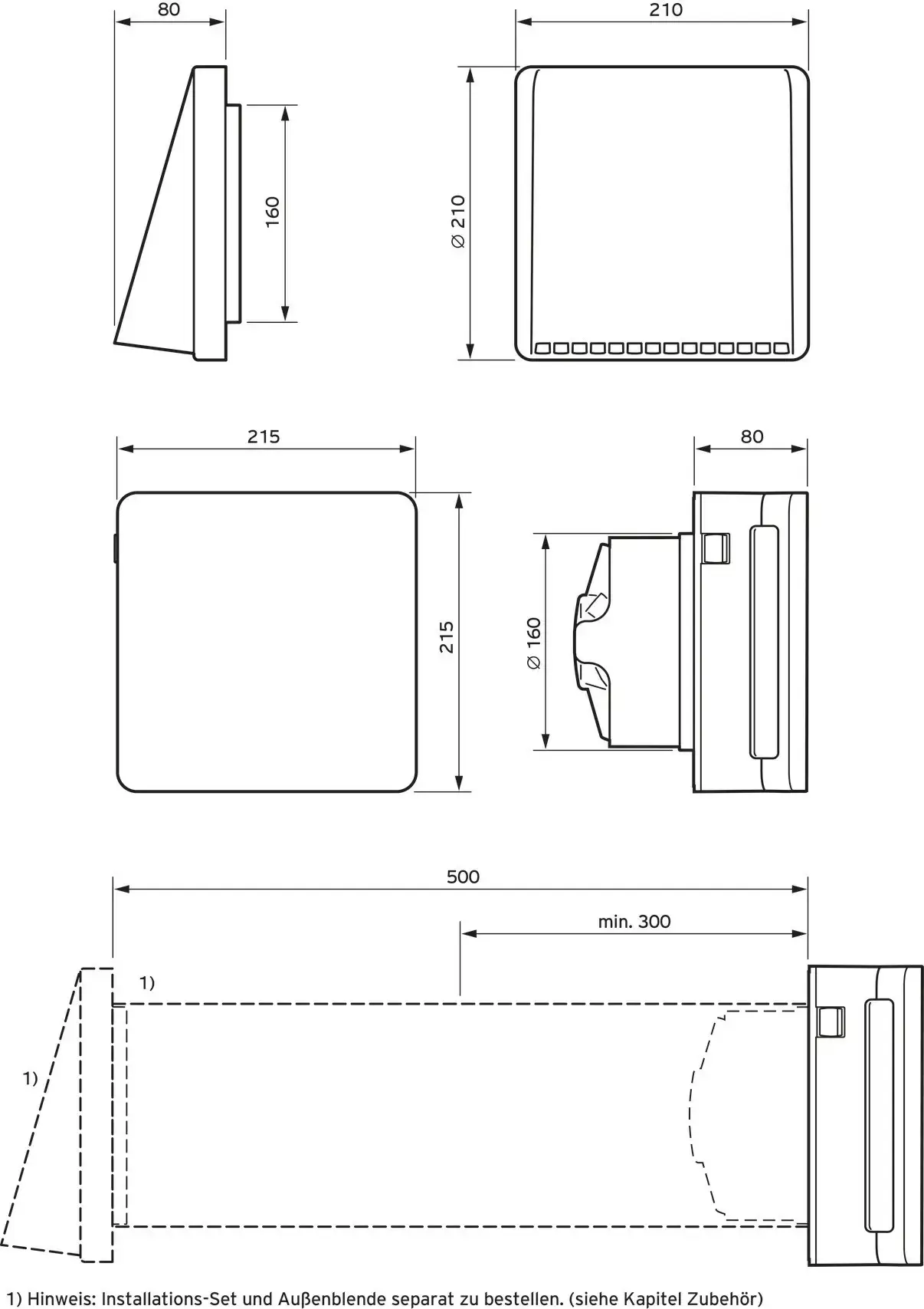 Montageskizze eines dezentralen Lüftungsgeräts, das von Vaillant stammt, mit Detailansichten und Maßangaben für Installation und Anschluss.