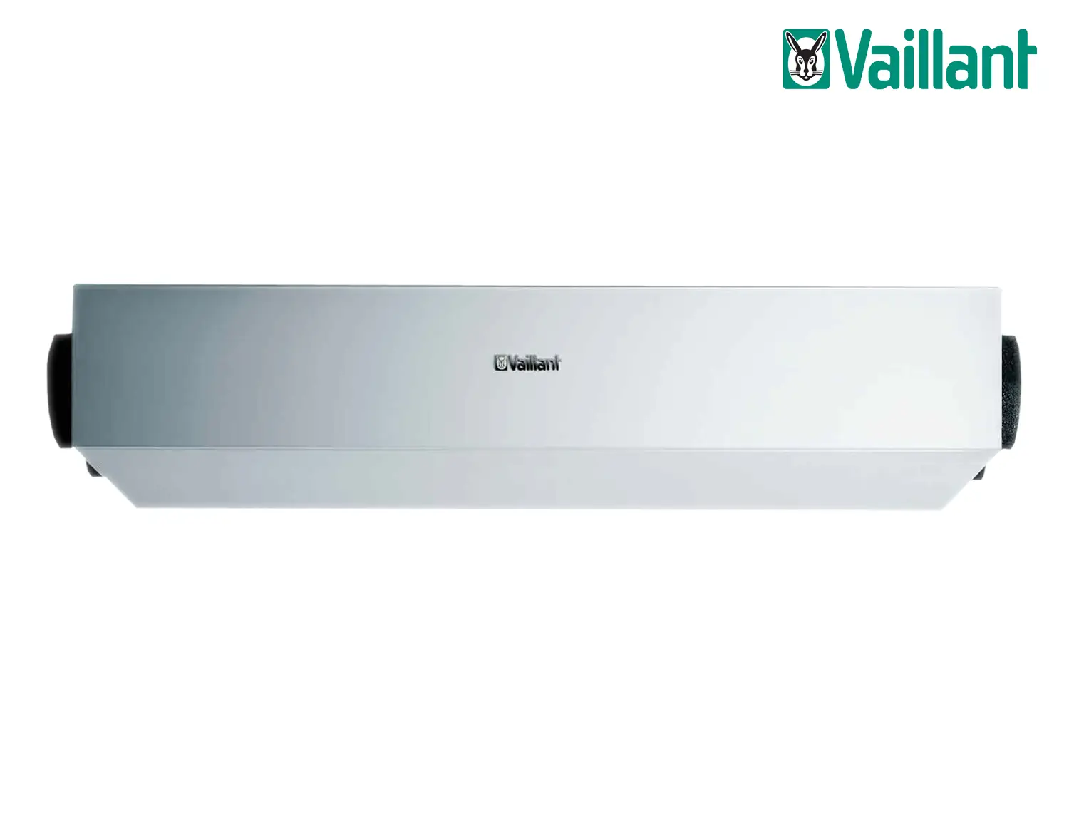 Zentrales Lüftungsgerät von Vaillant in schlichter rechteckiger Form, mit zwei seitlichen Lüftungsöffnungen, in weißer Farbe auf hellem Hintergrund.