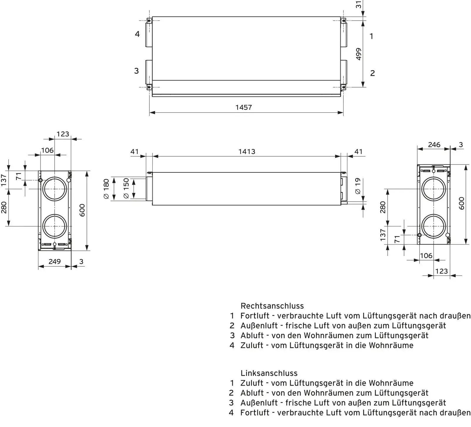 Vaillant Zuluft-Gerät mit mehreren Anschlussmöglichkeiten, maßgefertigte Abmessungen und Luftströme. Technische Details in Form von Schaubildern angezeigt.