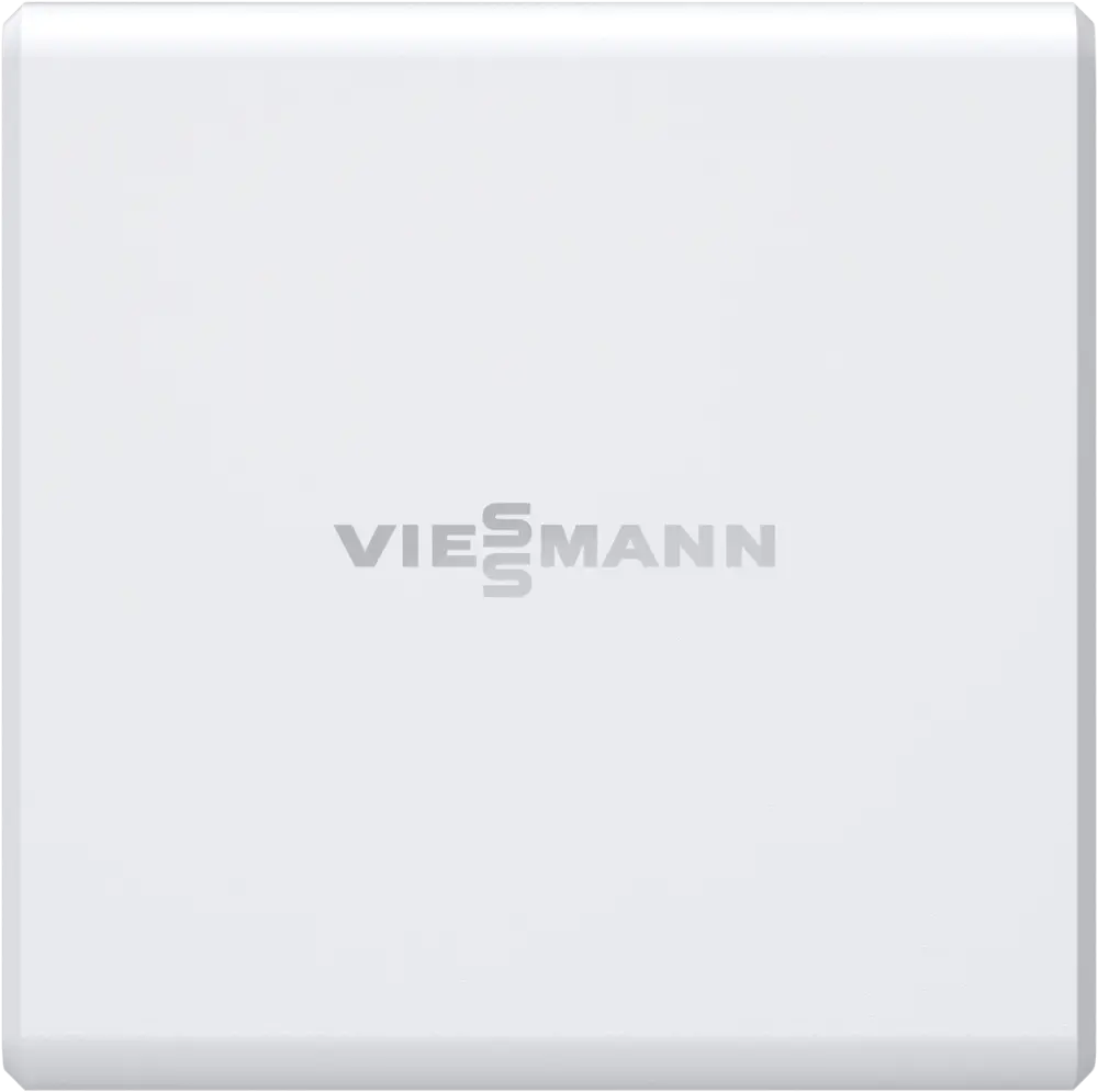 Weiße Viessmann-Gerät mit glatter Oberfläche und dezentralem Design, sichtbar im Raum auf einem neutralen Hintergrund.