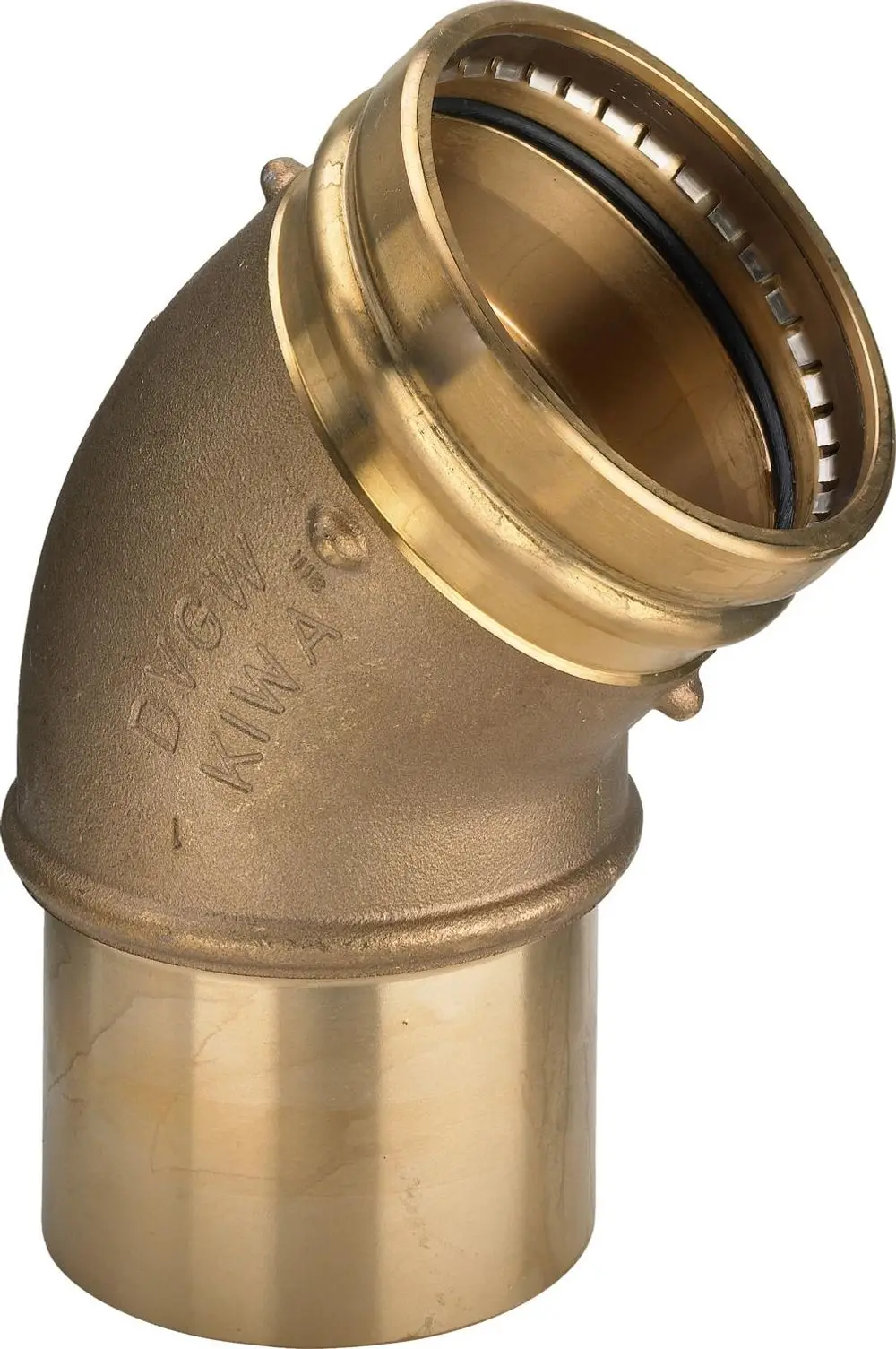 Viega Bogen mit 45-Grad-Winkel, aus Rotguss gefertigt, mit einer geschliffenen Oberfläche und Anschluss für Rohrsysteme, zur Verwendung in Sanitärinstallationen.