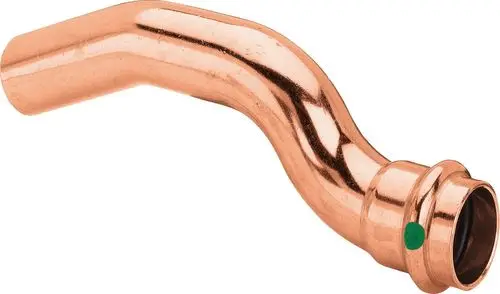 Kupferbogen von Viega mit einer geschwungenen Form, geeignet für Rohrverbindungen im Sanitär- oder Heizungsbereich.