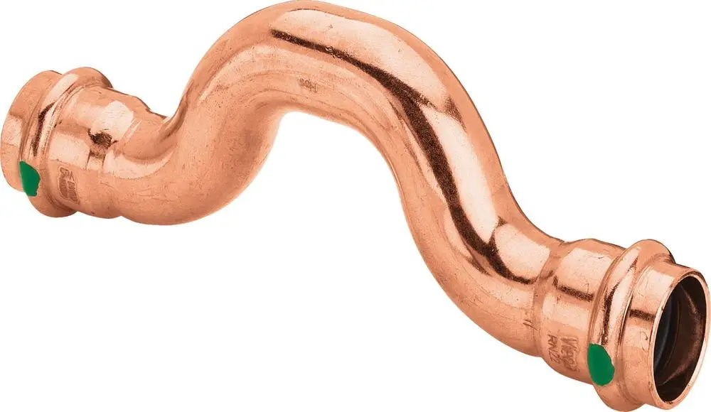 Kupferbogen von Viega in gebogener Form, mit Steckverbindern an beiden Enden, geeignet für Rohrverbindungen in sanitärtechnischen Anwendungen.
