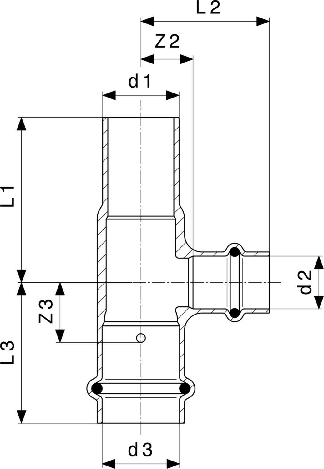 Kupfer-T-Stück von Viega mit drei Anschlüssen, zwei davon in gleichem Durchmesser. Das Produkt eignet sich für Anwendungen in der Sanitär- und Heizungsinstallation.
