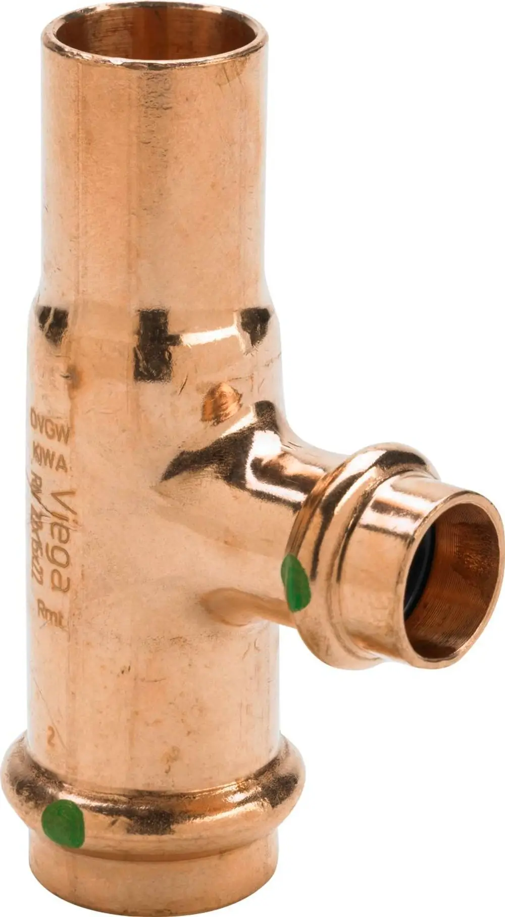 Kupfer-T-Stück von Viega mit drei Anschlüssen, zwei von 22 mm Durchmesser und einem von 15 mm. Das Produkt ist geeignet für die Installation in Rohrleitungssystemen.