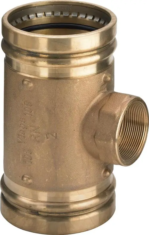 Brass T-fitting with a connection for pipes, featuring a threaded outlet and a smooth pathway for fluid flow, typically used in plumbing applications.