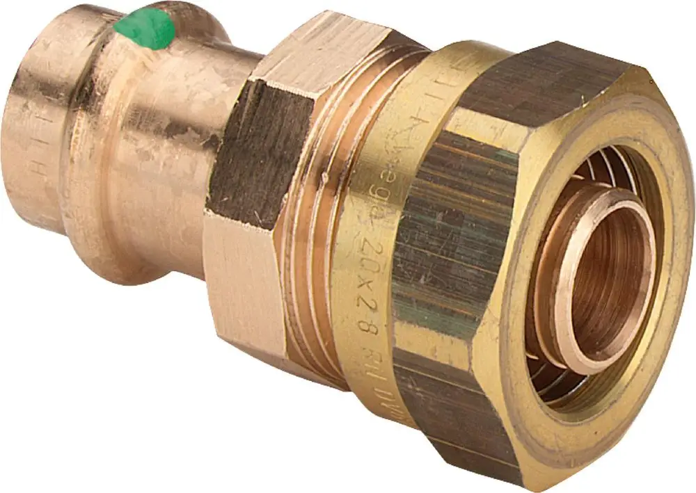 Viega Übergangsverschraubung aus Rotguss, mit einer Verbindung für Rohre. Das Produkt zeigt eine Mischung aus metallischen Oberflächen und einer typischen Gewindekonstruktion.