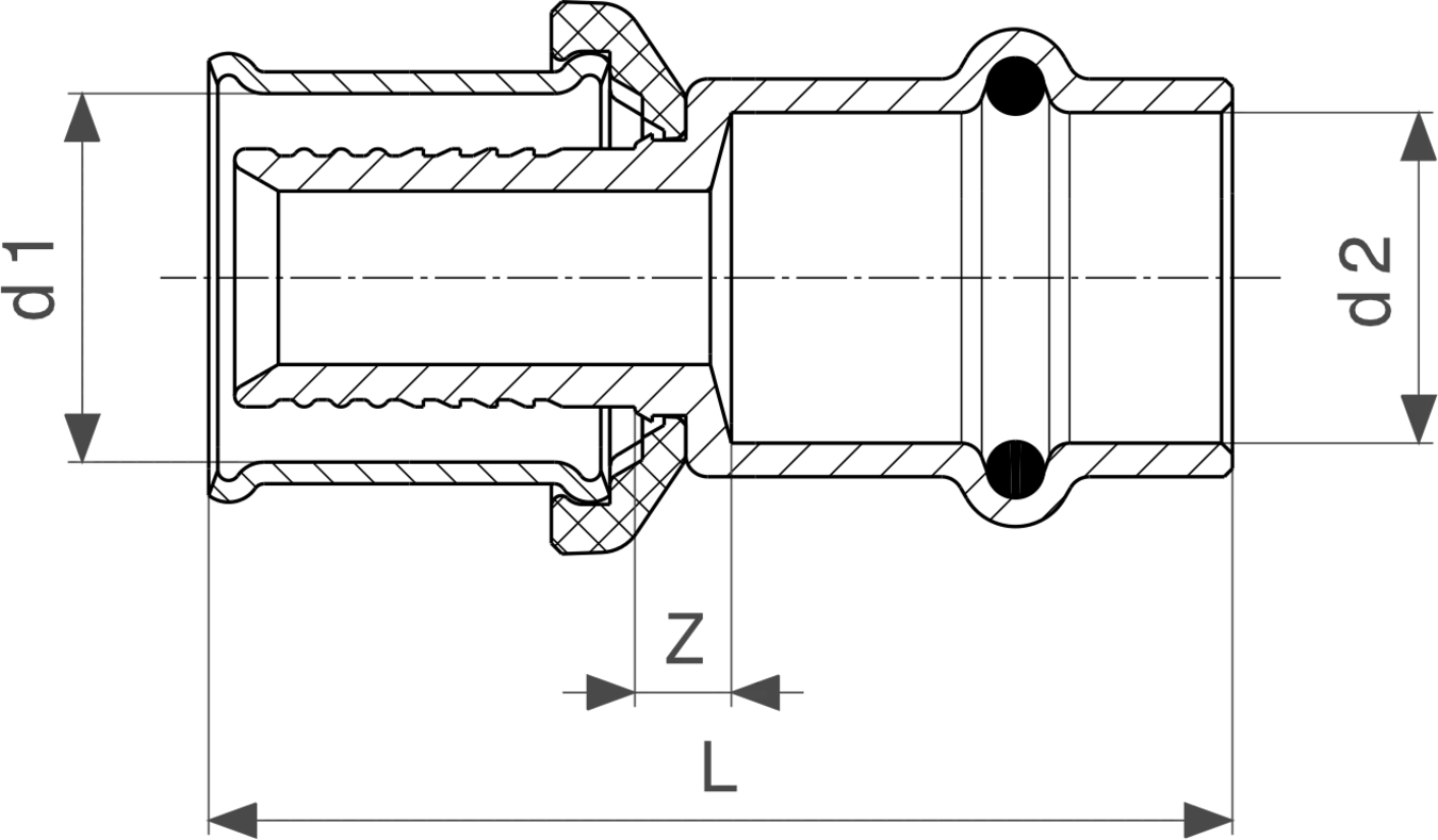 Profipress-Übergangsstück von Viega mit zwei Anschlüssen, darstellt durch eine schematische Zeichnung mit Maßen und technischen Details.