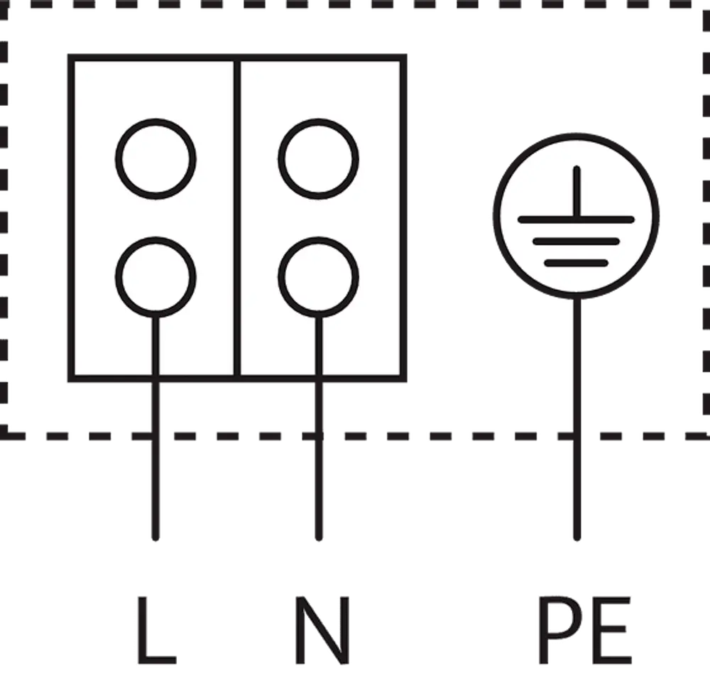 Anschlussfeld einer Wilo-Pumpe mit zwei runden Anschlüssen für L (Phase) und N (Neutral) sowie einem Schutzleiter (PE) für Erdung.