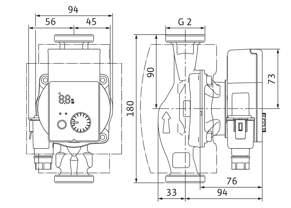 Wilo Umwälzpumpe mit quadratischem Gehäuse, schematischer Darstellung. Seitliche und frontale Ansicht, Maße sowie Anschlüsse sind eingezeichnet.