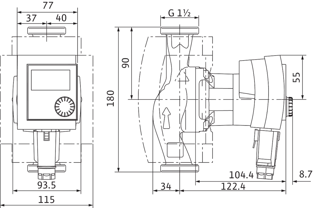 Zeichnung einer Hocheffizienz-Zirkulationspumpe von Wilo mit technischen Maßangaben und Anschlüssen in schematischer Darstellung.