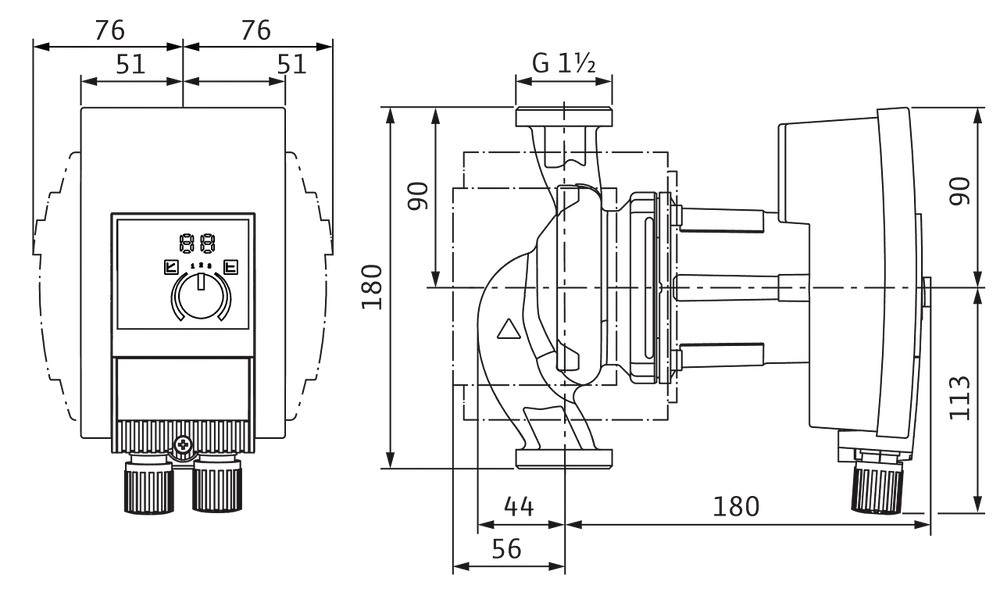 Wilo Umwälzpumpe mit diagrammartiger Darstellung, die seitliche und frontale Ansichten zeigt, einschließlich Abmessungen und Anschlussdetails.