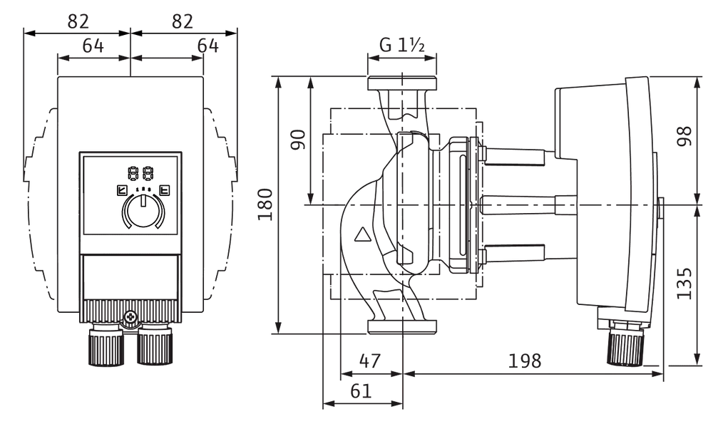 Wilo Umwälzpumpe mit schematischer Darstellung, inklusive Maße und Anschlüsse, in technischen Zeichnungen.
