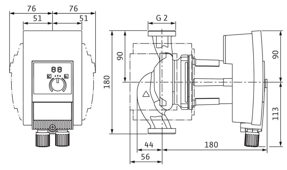 Wilo Umwälzpumpe mit schematischer Darstellung, Maße und Anschlussdetails. Technisches Diagramm zeigt Aufbau und Dimensionen der Pumpe.
