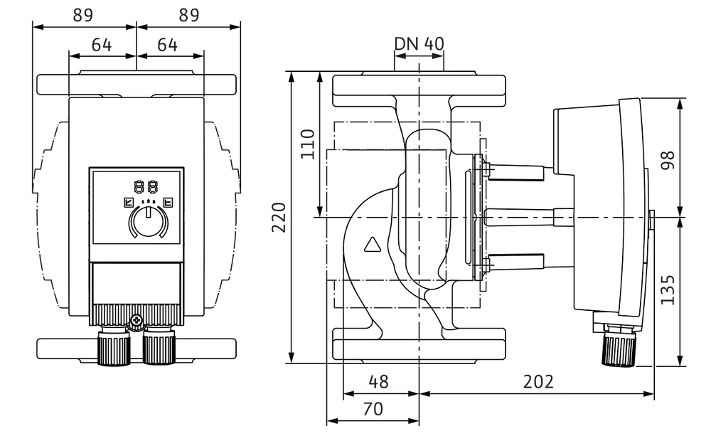 Blick auf eine Hocheffizienz-Nassläufer-Umwälzpumpe der Marke Wilo, in technischem Design mit seitlichem Anschluss und spezifischen Maßeinheiten zur Installation.