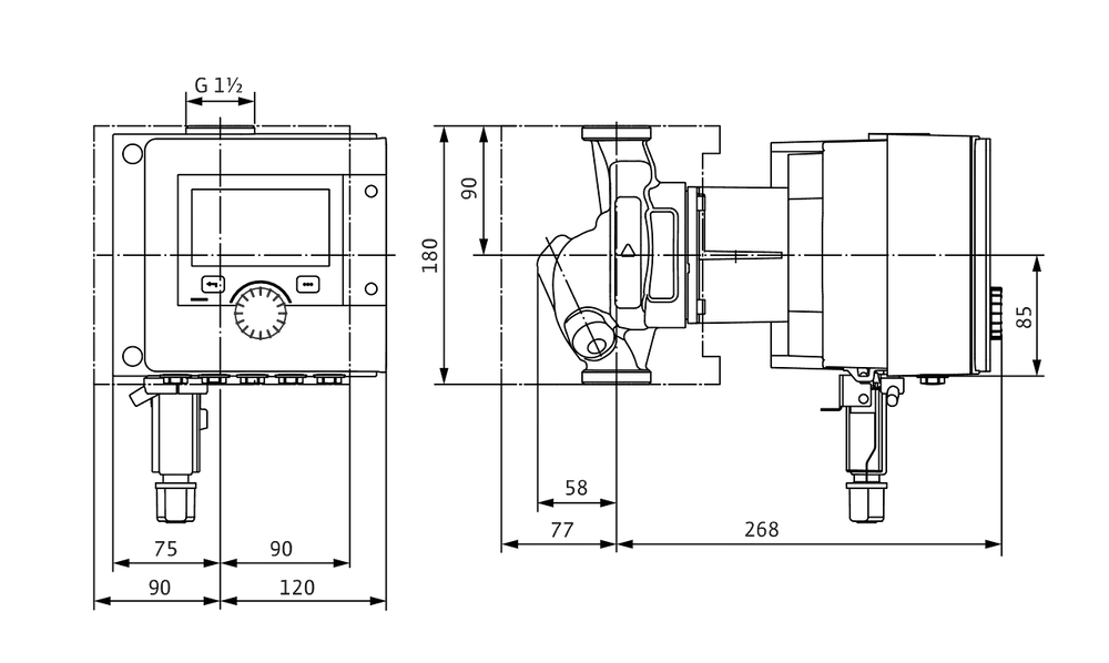Wilo Smart-Nassläufer-Zirkulationspumpe, schematische Darstellung mit technischen Details und Anschlussmaßen auf einem hellen Hintergrund.