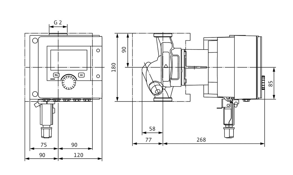 Wilo Zirkulationspumpe mit kompaktem Design, ausgestattet mit mehreren Anschlussmöglichkeiten und einem bedienfreundlichen Steuerungsfeld. Darstellung in technischem Diagramm.
