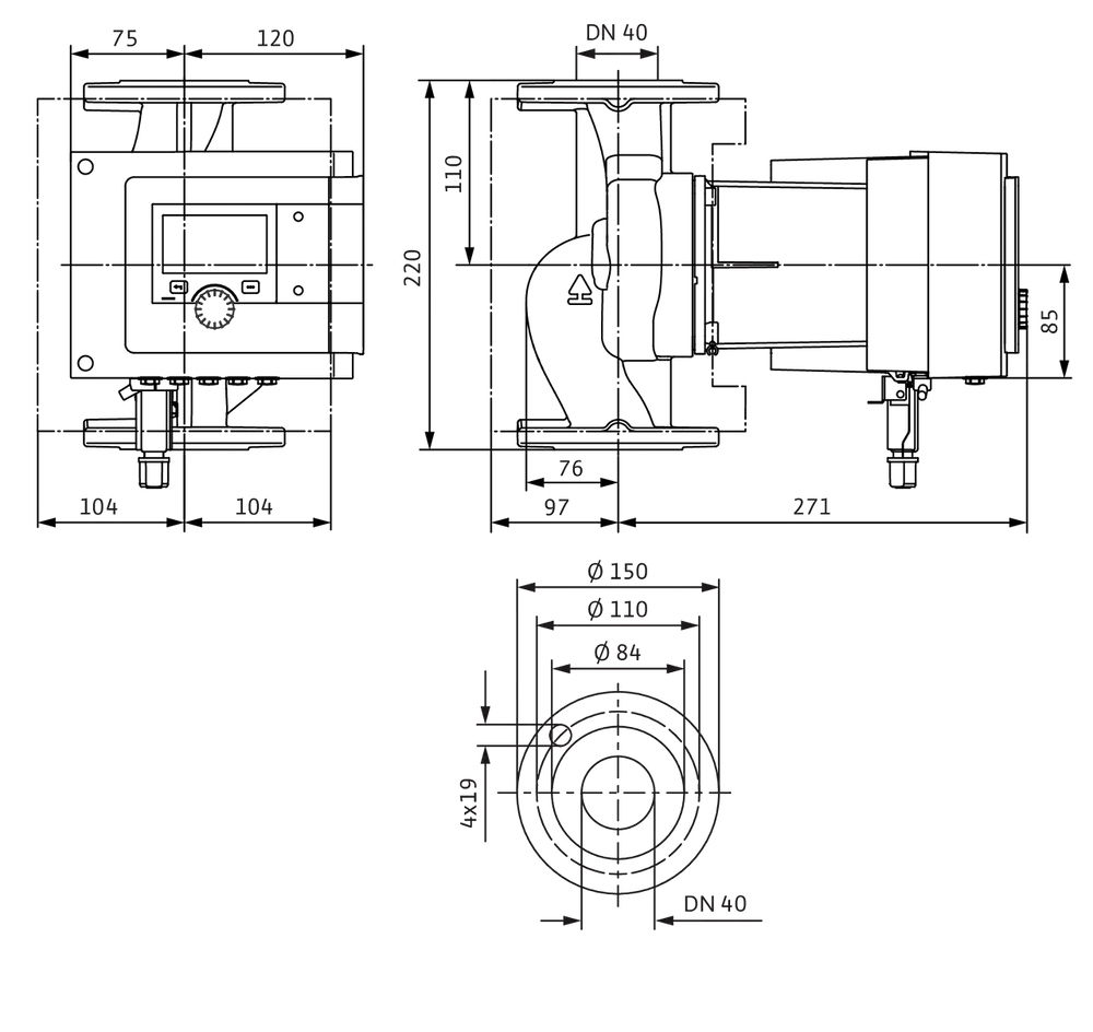 Schematische Darstellung einer Wilo-Pumpe mit technischen Maßangaben, einschließlich Seitenansichten und Maßlinien zur genauen Spezifizierung der Bauform.