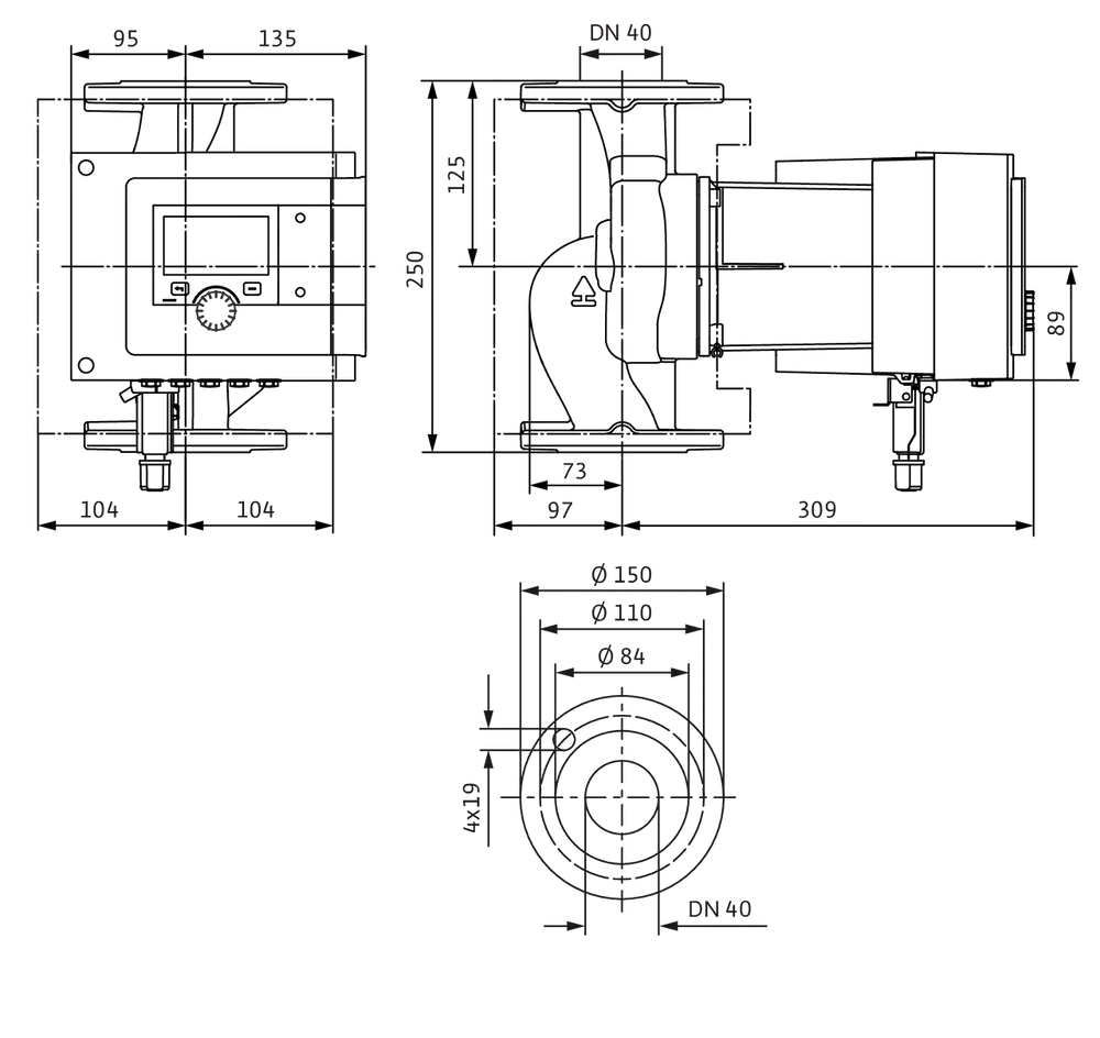 Technisches Zeichnungsdiagramm einer Umwälzpumpe von Wilo, mit maßlichen Details und verschiedenen Ansichten, einschließlich Seitenansicht, Draufsicht und Frontansicht.