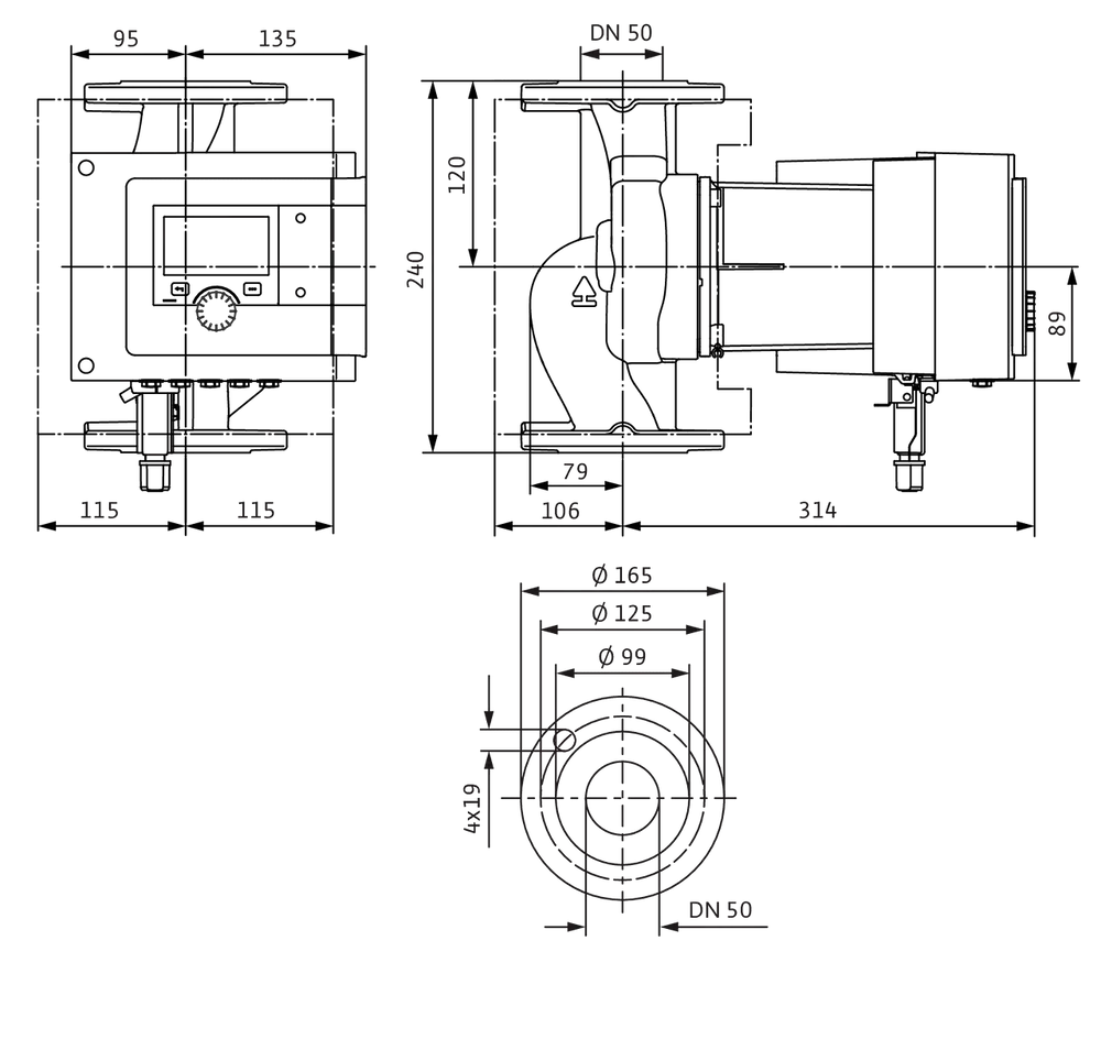 Wilo Umwälzpumpe mit verschiedenen Ansichten und technischen Maßen, dargestellt in schematischer Zeichnung. Zeigt Seiten-, Vorder- und Draufsicht.