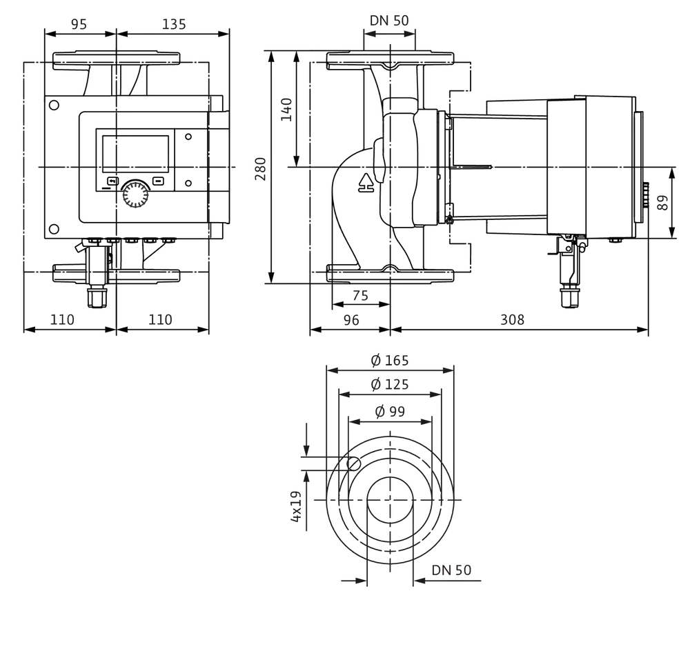 Technisches Diagramm einer Zirkulationspumpe, mit verschiedenen Ansichten und Maßangaben, hergestellt von Wilo. Detaildarstellung der Pumpe mit wichtigen Seiten- und Draufsichtmaßen.