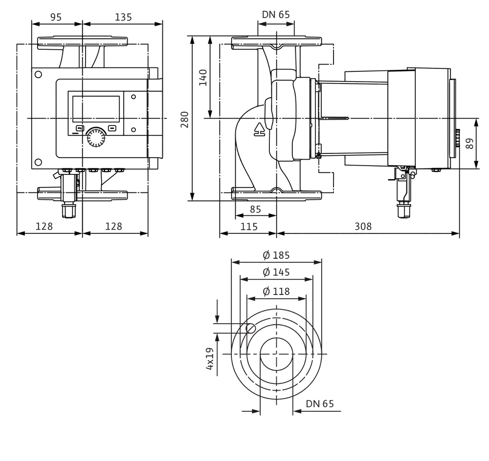 Wilo Umwälzpumpe mit technischen Zeichnungen, Seitenansichten und Maße für Installation und Anschlussdetails. Diagramme des Pumpengehäuses und der Anordnung.