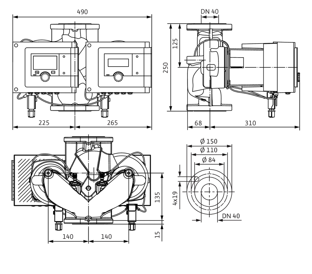 Wilo Smart-Nassläufer-Doppelpumpe mit schematischen Ansichten. Die technischen Zeichnungen zeigen die Dimensionen und den Aufbau der Pumpe aus verschiedenen Perspektiven.