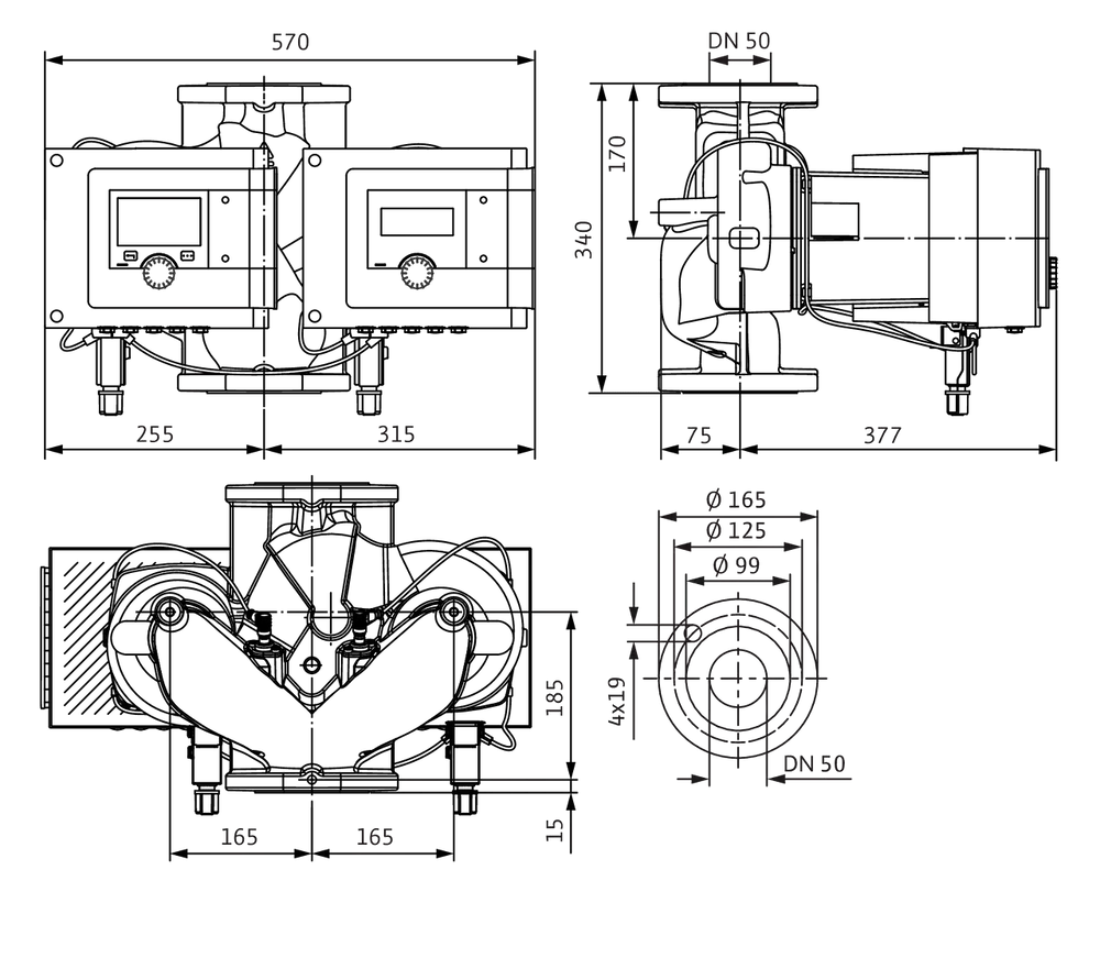 Schematische Darstellung einer Wilo-Nassläufer-Doppelpumpe mit technischen Zeichnungen und Dimensionen in mehreren Ansichten.