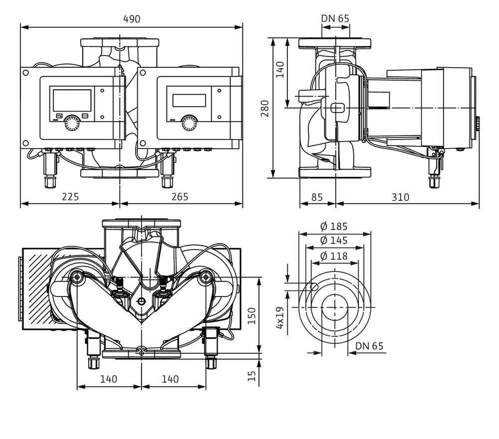 Schaltplan und technische Zeichnung einer Wilo Doppelpumpe mit schematischer Darstellung der Anschlüsse, Dimensionen und Funktionen.