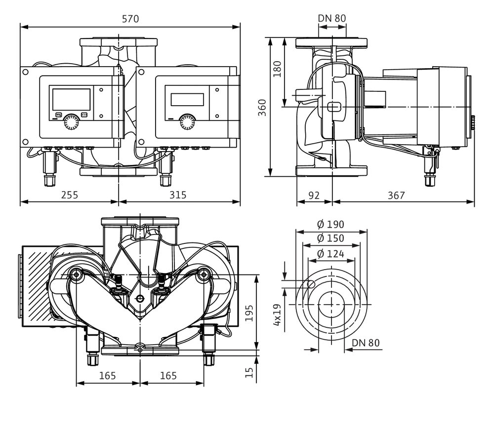 Schematische Darstellung einer Wilo Smart-Nassläufer-Doppelpumpe mit verschiedenen Ansichten, einschließlich Maße und Anschlussdetails.