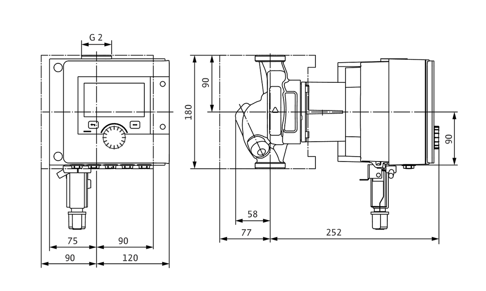 Wilo-Zirkulationspumpe mit horizontalem und vertikalem Anschluss, dargestellt in einem technischen Diagramm mit verschiedenen Abmessungen und Anschlussmöglichkeiten.