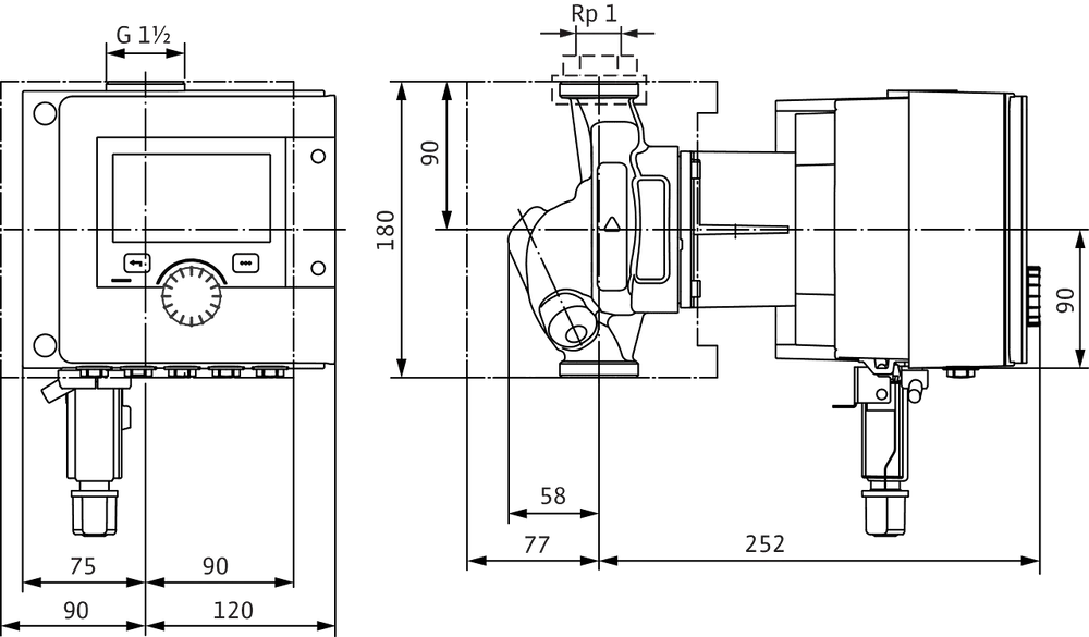 Schematics einer Zirkulationspumpe der Marke Wilo, mit verschiedenen Ansichten und Abmessungen, zur technischen Darstellung und Planung.