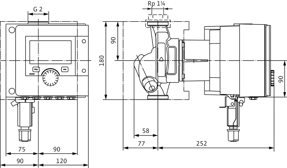 Wilo Smart-Nassläufer-Zirkulationspumpe, zylindrische Bauform, technische Zeichnung mit Abmessungen und Anschlüssen, schematische Darstellung der Funktionskomponenten.
