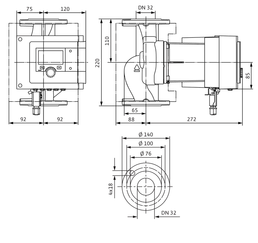 Wilo-Zirkulationspumpe mit schematischen Zeichnungen, seitliche und obere Ansichten sowie Maßangaben, geeignet für Nasslaufanwendungen in Heizsystemen.