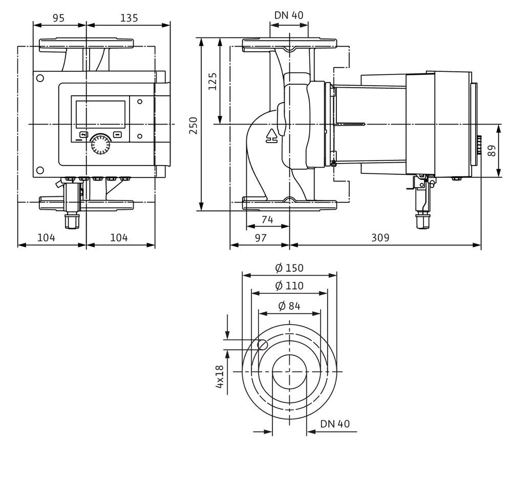 Technische Zeichnung einer Wilo-Zirkulationspumpe mit verschiedenen Ansichten und Maßangaben. Sichtbar sind der Pumpenkörper und Anschlussdetails in schematischer Darstellung.