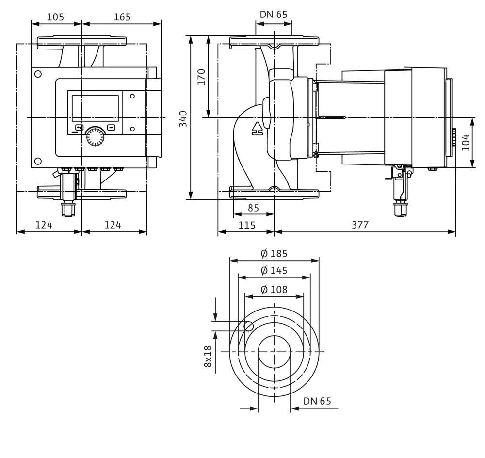 Technische Zeichnung einer Zirkulationspumpe von Wilo, mit verschiedenen Ansichten und Maßangaben für Installation und Kompatibilität.