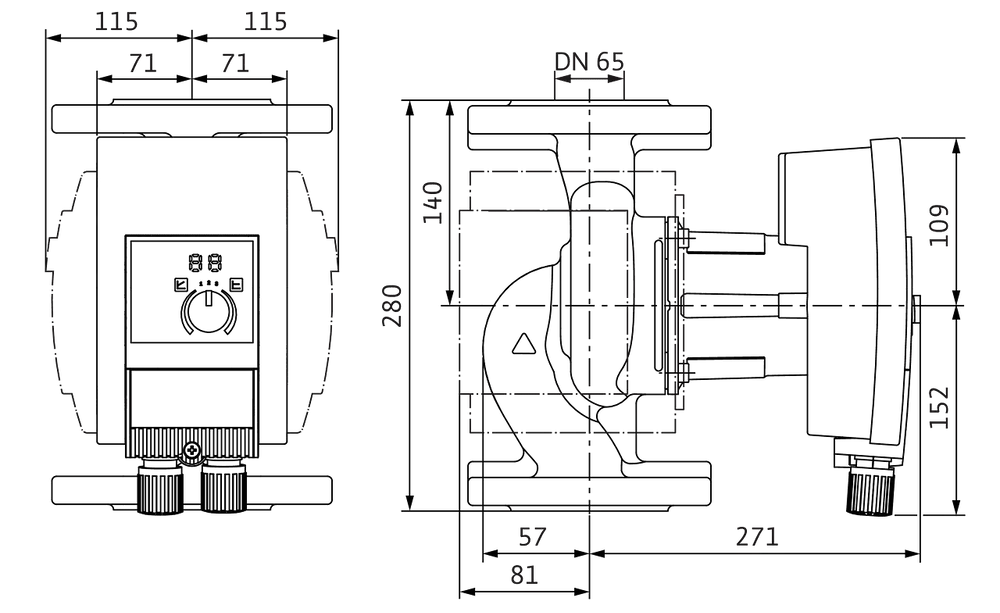 Technische Zeichnung einer Wilo Pumpe mit schematischer Darstellung der Dimensionen und Anschlüsse, geeignet für Umwälzanwendungen in Heizsystemen.