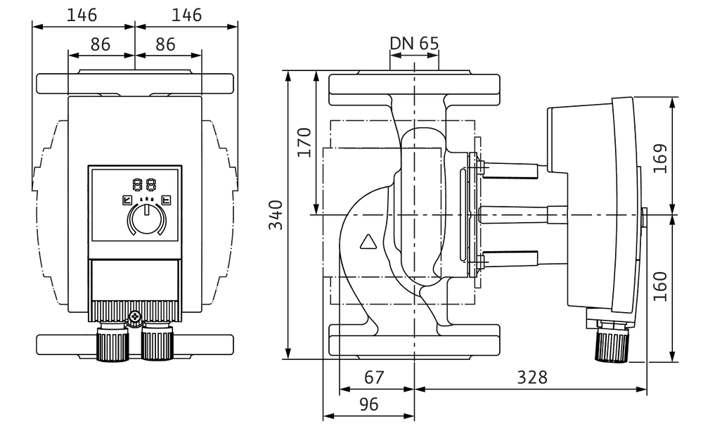 Technische Zeichnung einer Umwälzpumpe mit Detailansichten und Abmessungen, hergestellt von Wilo. Enthält schematische Darstellungen und Maßangaben zu den Anschlüssen.