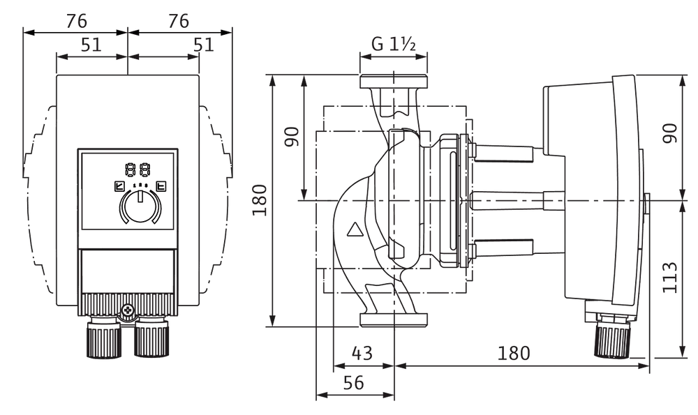 Schematische Darstellung einer Wilo-Zirkulationspumpe mit technischen Maßen und Anschlussdetails, geeignet für Heizungs- und Trinkwassersysteme.