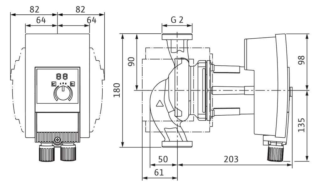 Wilo-Zirkulationspumpe mit kompaktem Design. Darstellung aus verschiedenen Perspektiven, inklusive Maßangaben für Anschluss und Baugröße. Ideal für Heizungs- und Warmwasseranwendungen.