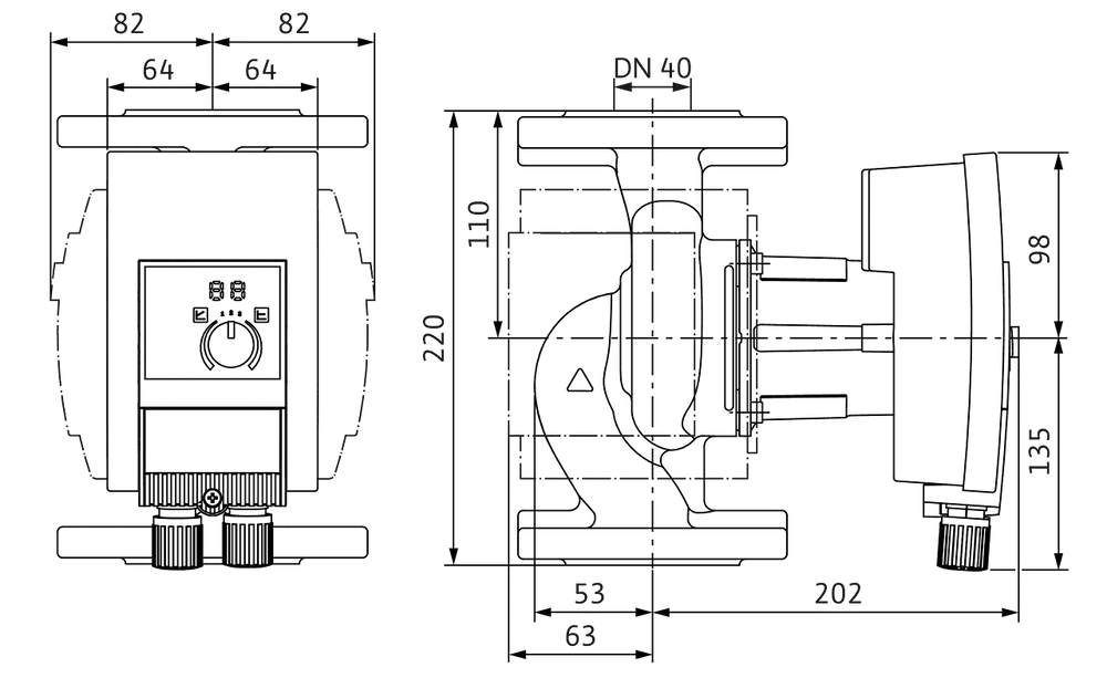 Wilo Zirkulationspumpe mit zwei Ansichten, einer Frontansicht und einer Seitenansicht, zeigt die technischen Details und Anschlussmöglichkeiten. Diagramm mit Maßangaben.