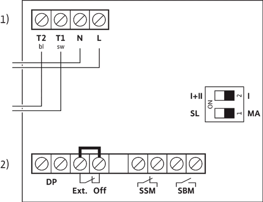 Schematische Darstellung einer Nassläufer-Zirkulationspumpe von Wilo mit Anschlussdetails und Symbolen für verschiedene Funktionen in einem technischen Diagramm.