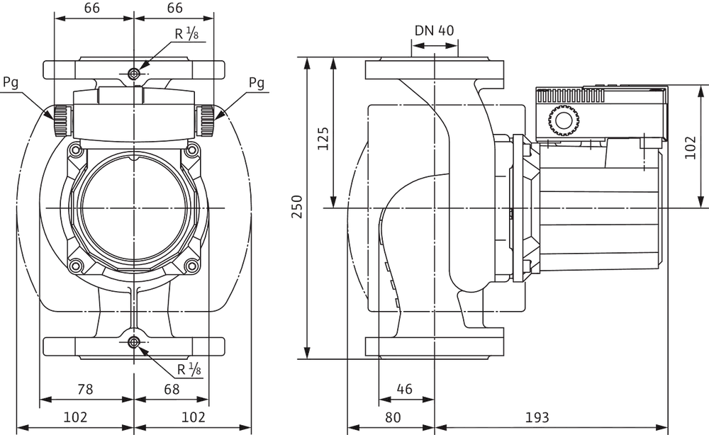 Wilo Nassläufer-Zirkulationspumpe mit schematischer Darstellung, seitliche und obere Ansicht, Maßangaben, Anschlussstellen und technische Details sichtbar.