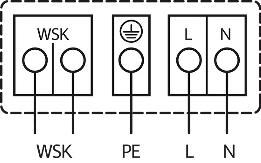 Schaltplatine mit Anschlüssen für WSK, PE, L und N, beschriftet, in einfacher Grafikdarstellung für elektrischen Anschluss einer Wilo-Pumpe.