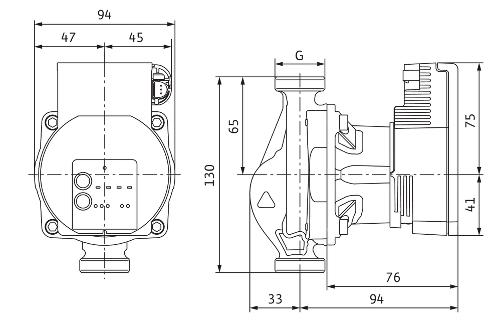 Hocheffizienz-Nassläufer-Umwälzpumpe mit einem kompakten Design von Wilo, dargestellt in Front- und Seitenansicht mit Maßangaben.