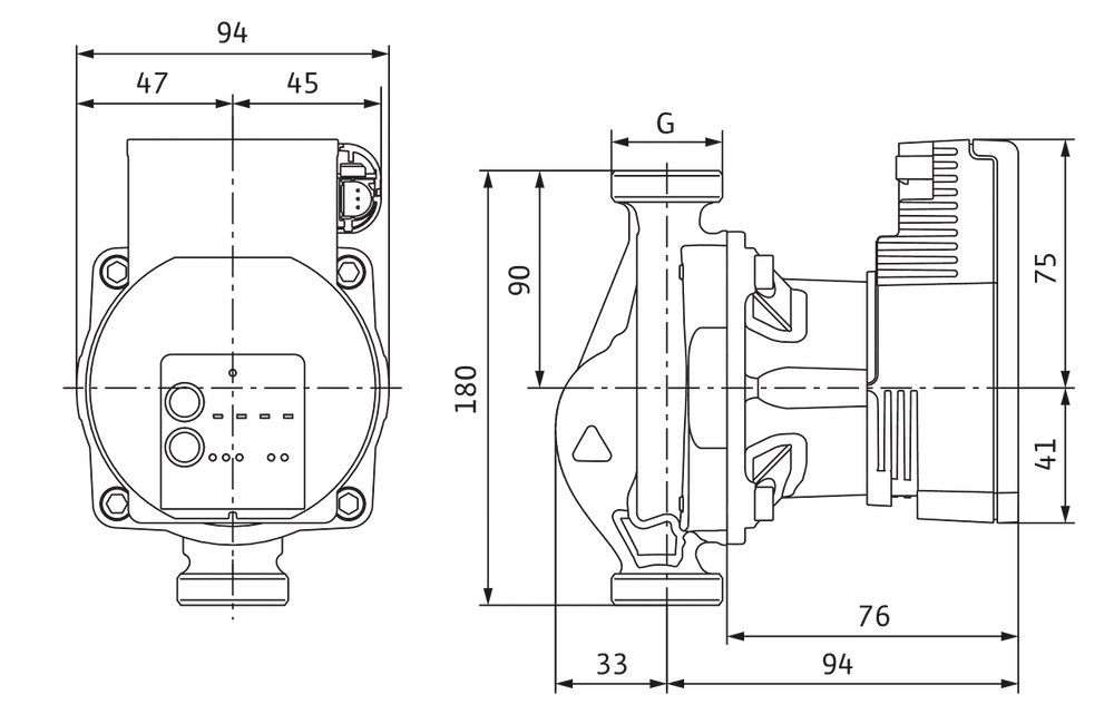 Umwälzpumpe der Marke Wilo mit technischer Zeichnung, seitliche und obere Ansichten, einschließlich Dimensionen und Anschlussdetails.
