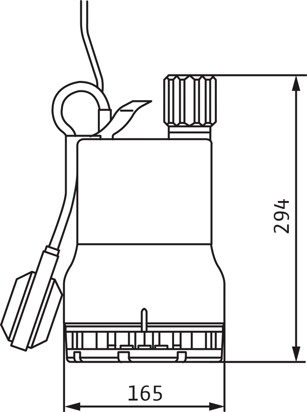 Selbstansaugende Schmutzwasserpumpe von Wilo, dargestellt in Zeichnung, inklusive Abmessungen und Anschlussdetails.