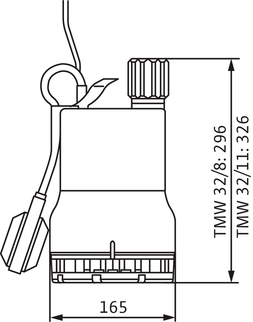 Schmutzwasserpumpe von Wilo, dargestellt in einer technischen Zeichnung mit verschiedenen Maßen und Details zum Design sowie den Anschlussmöglichkeiten.